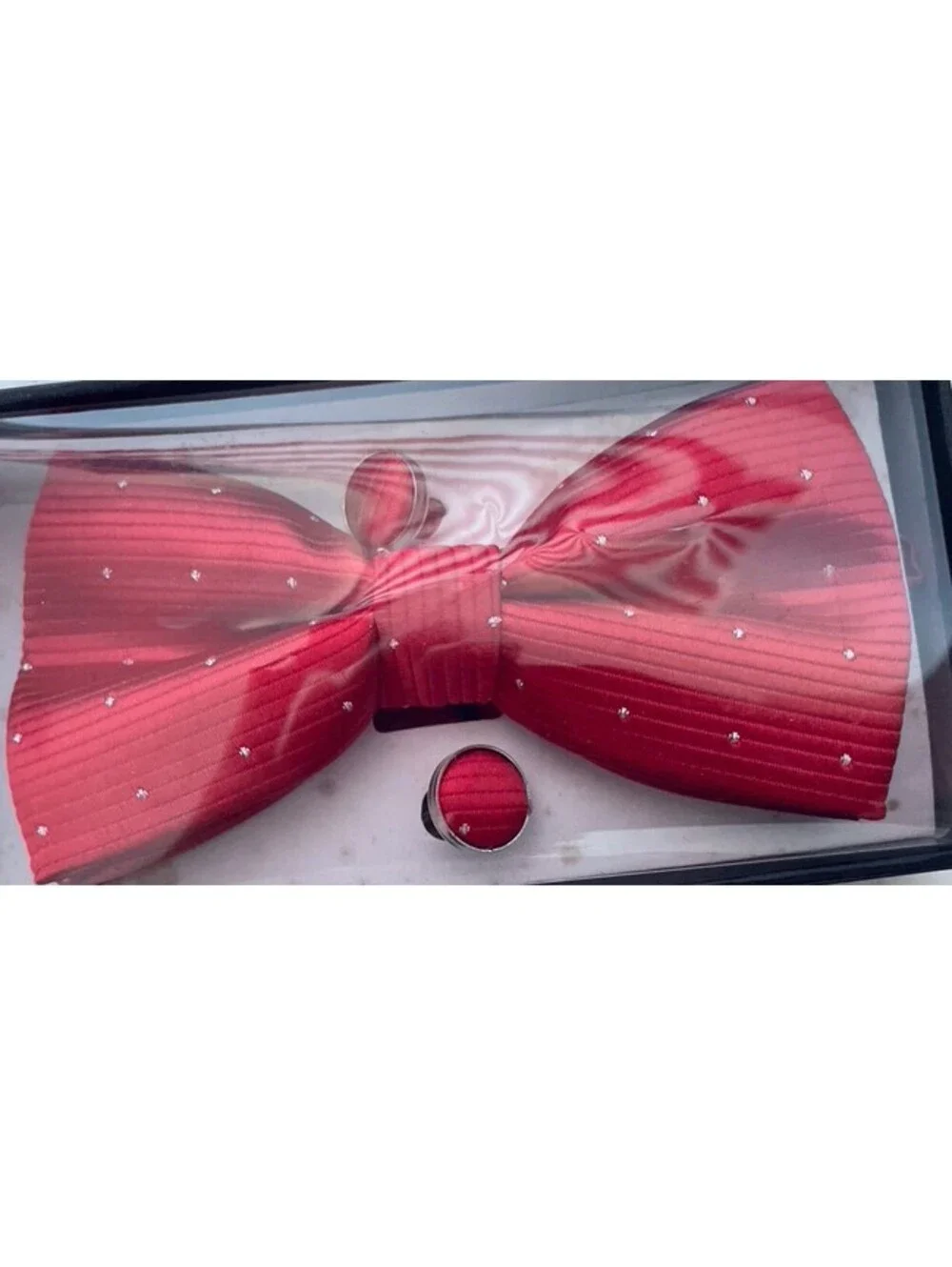 Red Bow tie W/ Silver Sparkles, Matching Cuff Links & Pocket Square NIB Holiday
